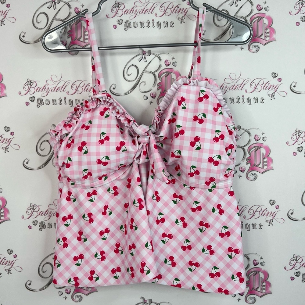 Tankini cherries 🍒 cherry picnic Swimsuit Pink Cherry Print top ruffle bow